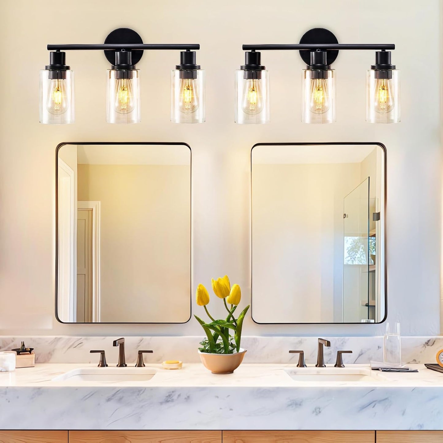 Modern Black 3-Light Bathroom Vanity Light Fixture with Clear Glass Shades - 2 Pack