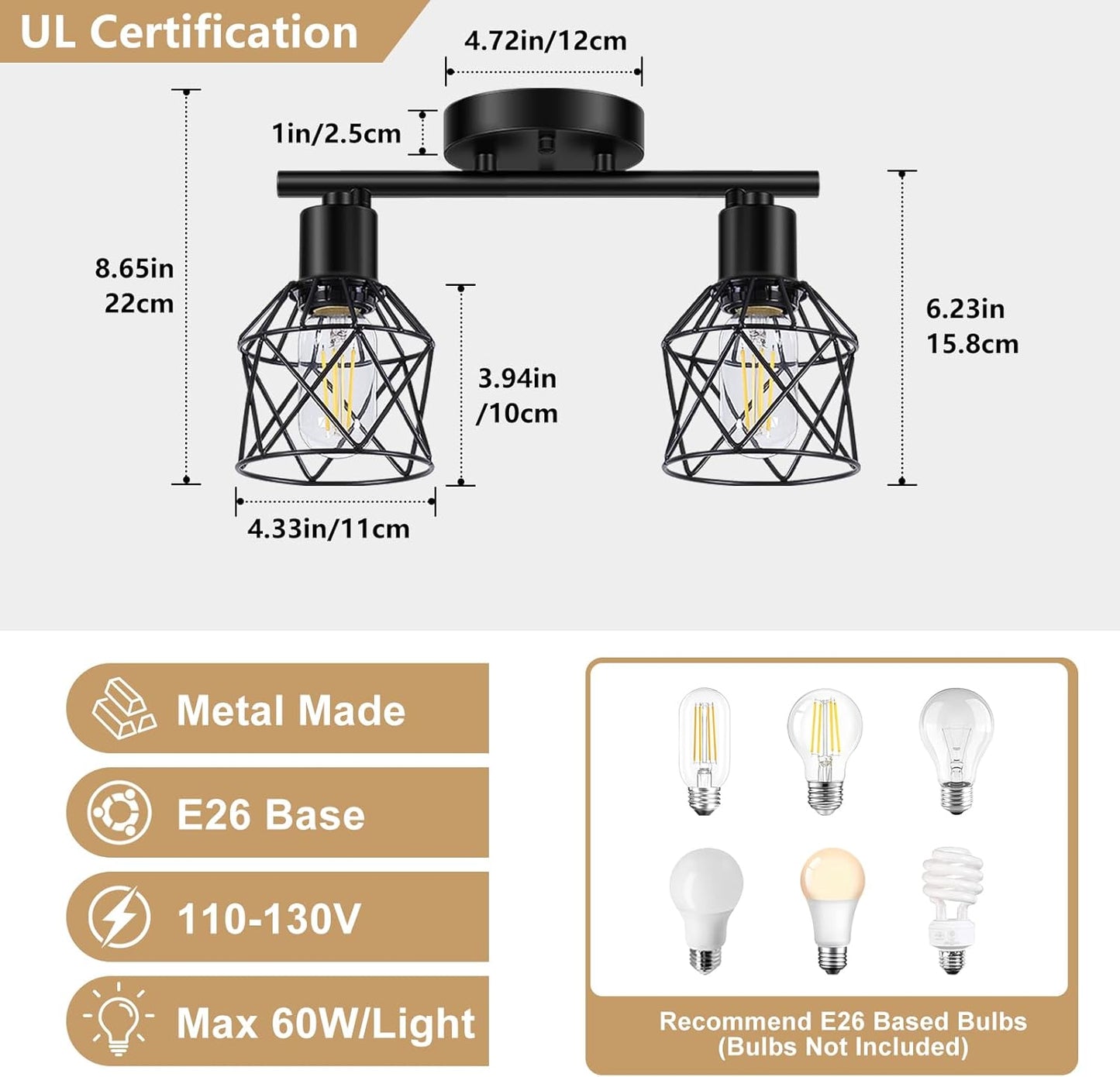 Adjustable 4-Light Semi Flush Mount Ceiling Light with Metal Cage - Farmhouse Style for Dining & Living Rooms