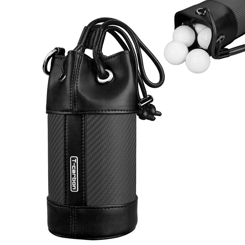 T-carbon Golf Valuables Pouch with Study Bottom, Bucket Golf & Tennis Ball Bag with Drawstrings, Carbon Fiber Leather Ball Holder for Pickleball, Tennis, Lacrosse Balls Accessories, Black