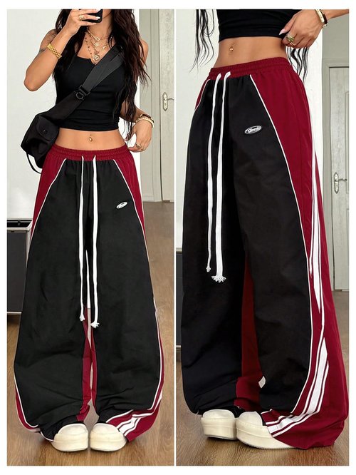 GORGLITTER Women's Baggy Track Pants Y2K Color Block Drawstring Barrel Parachute Pants High Waisted Streetwear Pant Black and Red Small