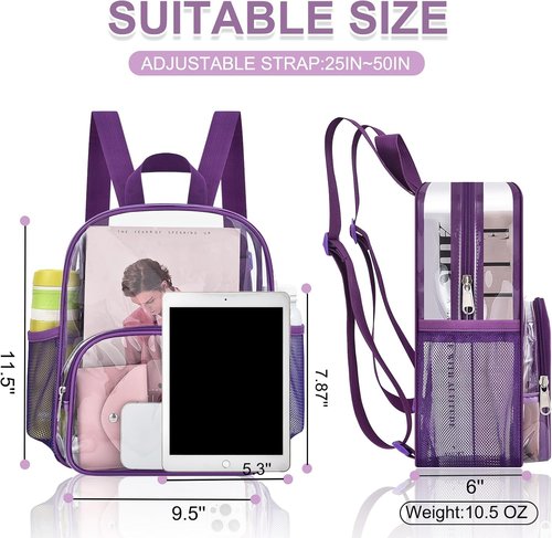 Busiuw Clear Backpack - Stadium-Approved Design with Front Pocket | 12"x12"x6" | Purple Color