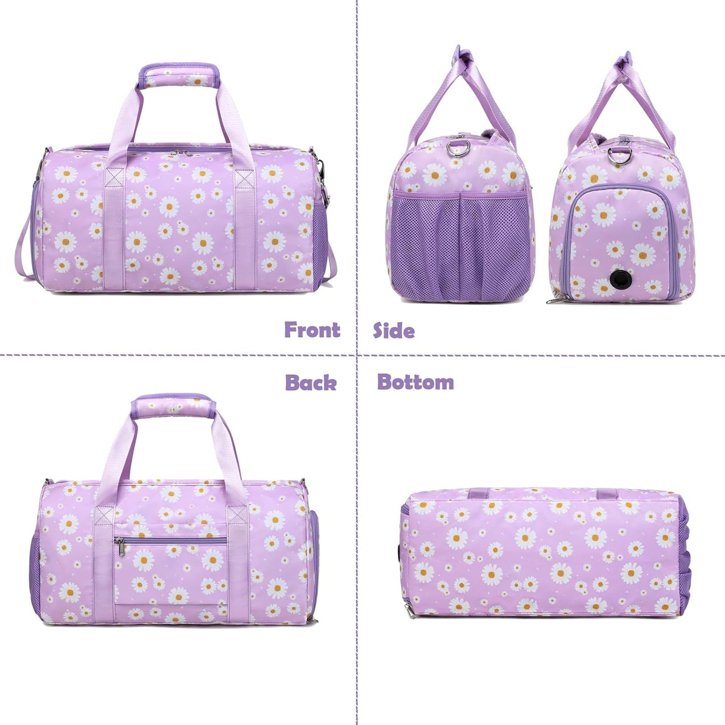 Skiennix Duffle Bag - Purple Daisy Dance & Gym Bag with Wet & Shoe Compartments | Perfect for Sleepovers & Travel