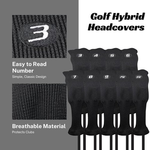 Majek All Hybrid Golf Club Black Sleek Tight Fit Headcover Set 3-SW Acrylic Head Covers 3 4 5 6 7 8 9 PW SW (Total of 9 Hybrid Head cover Set)