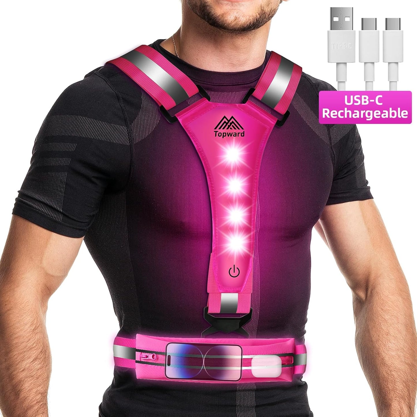 Topward LED Reflective Vest - USB-C Rechargeable Running Gear for Night Safety | Adjustable Size for Runners and Dog Walkers