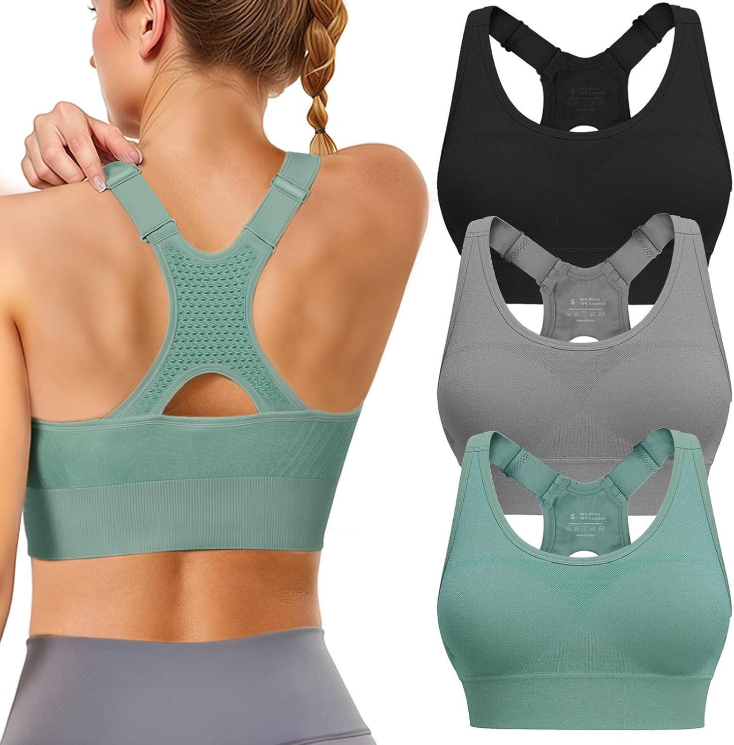 Skiennix Adjustable Sports Bras - High Support Padded Racerback for Large Bust | 3 Pack for Gym & Running