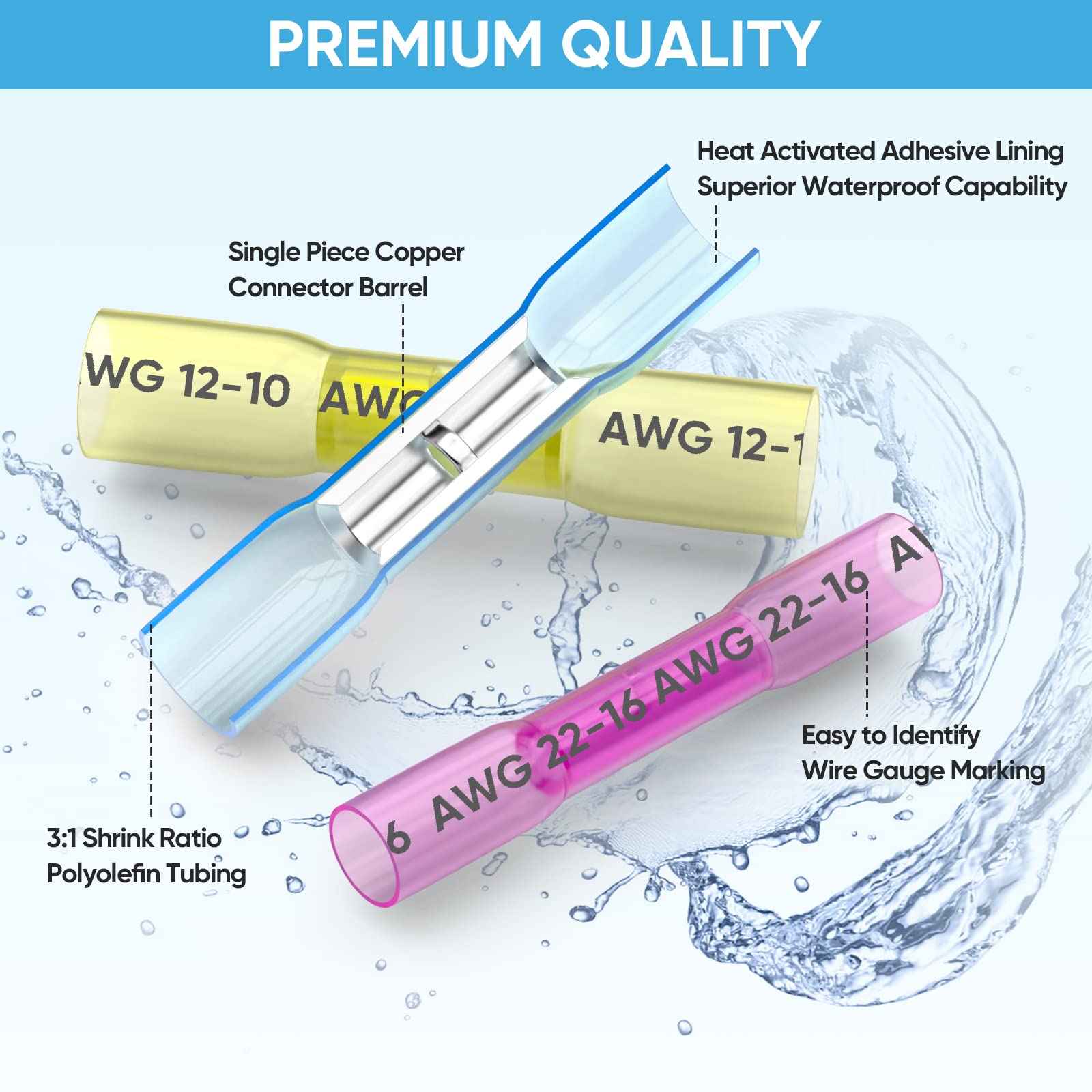 TICONN 360pcs Heat Shrink Butt Connectors Kit, AWG 24 – 10 4 Sizes Butt Splice, Insulated Waterproof Electrical Marine Automotive Wire Crimp Terminals (360pcs)