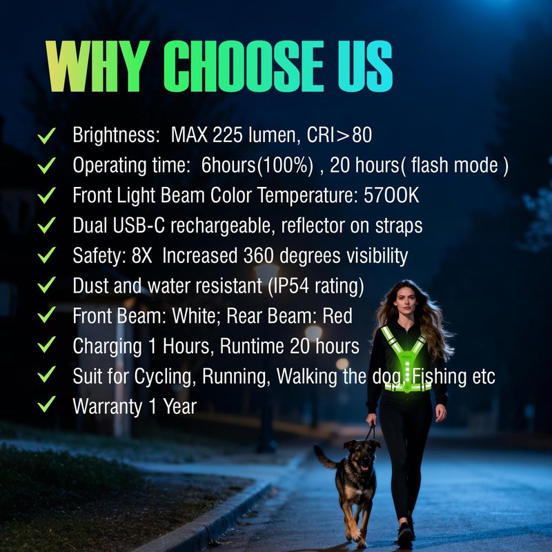 YOSKY 8 LED Running Reflective Gear Rechargeable Adjustable Running Lights Vest Safety Night Reflective Vest for Women Men Kids