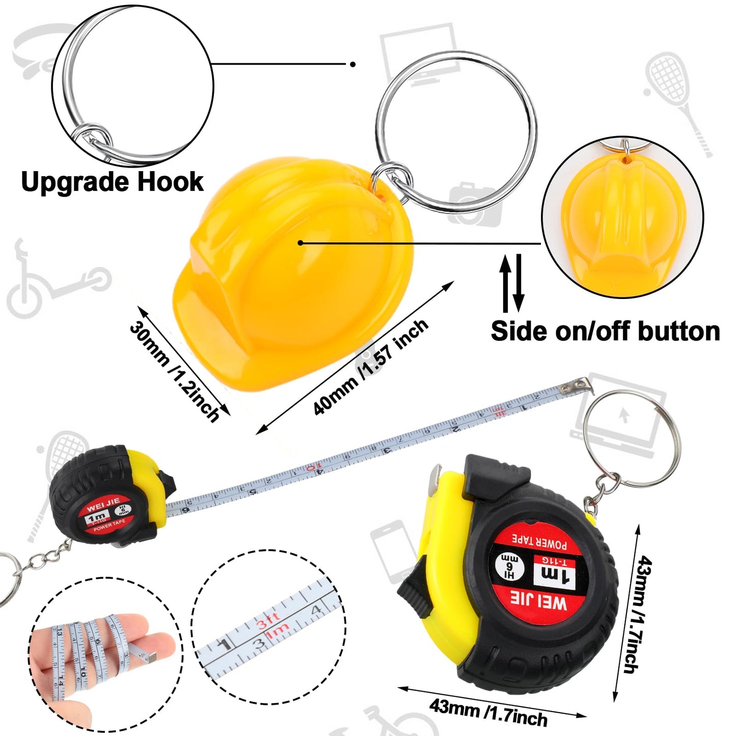Jutom 9 Pcs Mini Construction Helmet Keychains Tape Measure Screwdriver Bulk for Men Adult Party Favors Tool Christmas Gifts