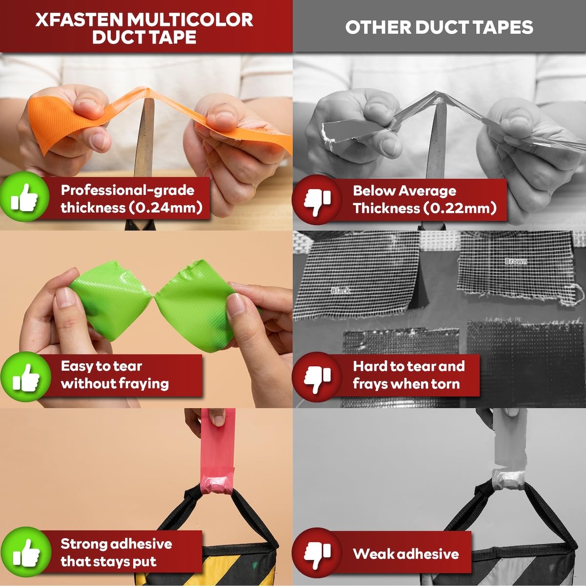 XFasten Rainbow Colored Duct Tape Heavy Duty 12-Pack 10 Yards x 2 Inch, Colored Duct Tape Variety Pack Bulk, Waterproof, Vibrant Colors, Easy Tear, Writable, Residue-free for Crafts, Labeling, Packing