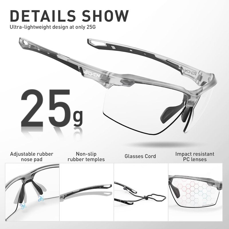 SCVCN Photochromic Sunglasses Sports Cycling Glasses for Men Women Youth Clear Cycling Glasses UV400 Protection Baseball Driving MTB Running Softball 06