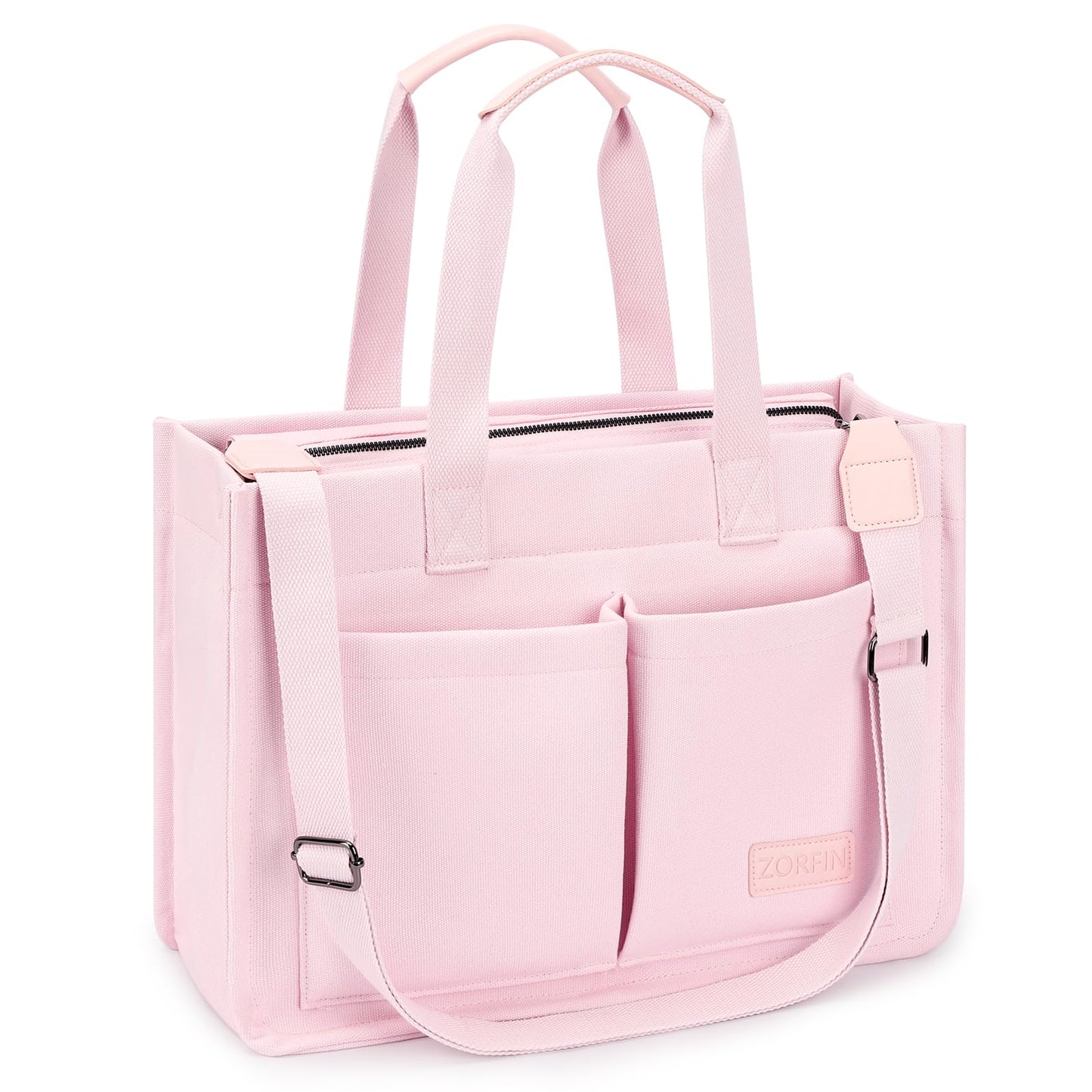 ZORFIN Canvas Tote Bag for Women with Zipper and Compartments Crossbody Work Laptop Bag for Travel College Office, Pink