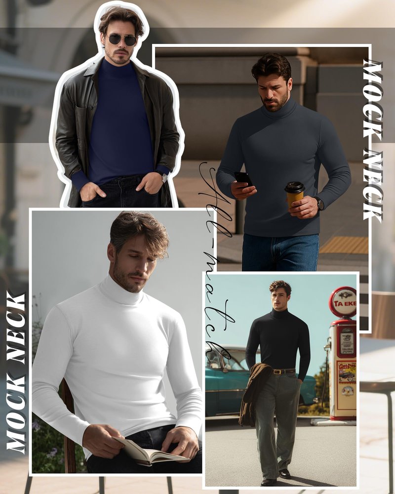 Evervibe 6 Pack Mens Big and Tall Turtleneck Shirts Long Sleeve Loose Fit Tops Basic Pullover Multipack Tees(Wine Red, Navy Blue, Black, White, Light Gray, Dark Gray,3X-Large)