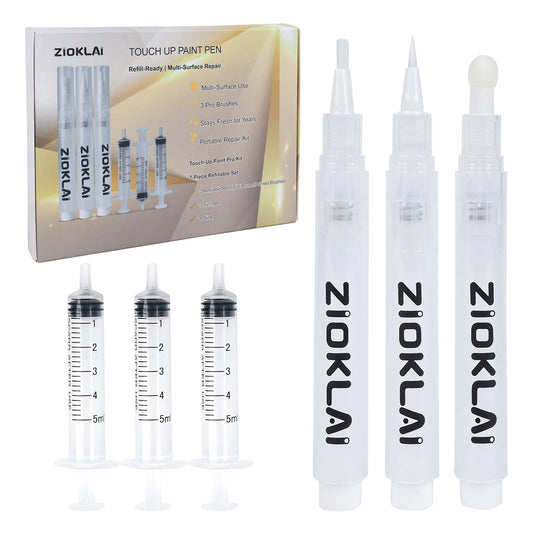 ZIOKLAI Refillable Touch Up Paint Pen Set 3 Paint Touch Up Pens Fillable Pens with 3 Syringes & 3 Brush Heads (Fine, Round, Flat) for Walls, Wood, Furniture, Cabinets, DIY