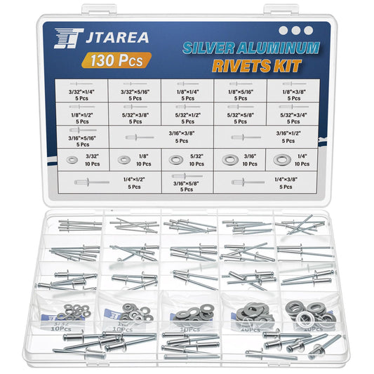 JTAREA 16Sizes Pop Rivets Kit 3/32 1/8 5/32 3/16 1/4 Inch Silver Aluminum Blind Rivet Assortment Set with Stainless Steel Washers (Pack of 130PCS)