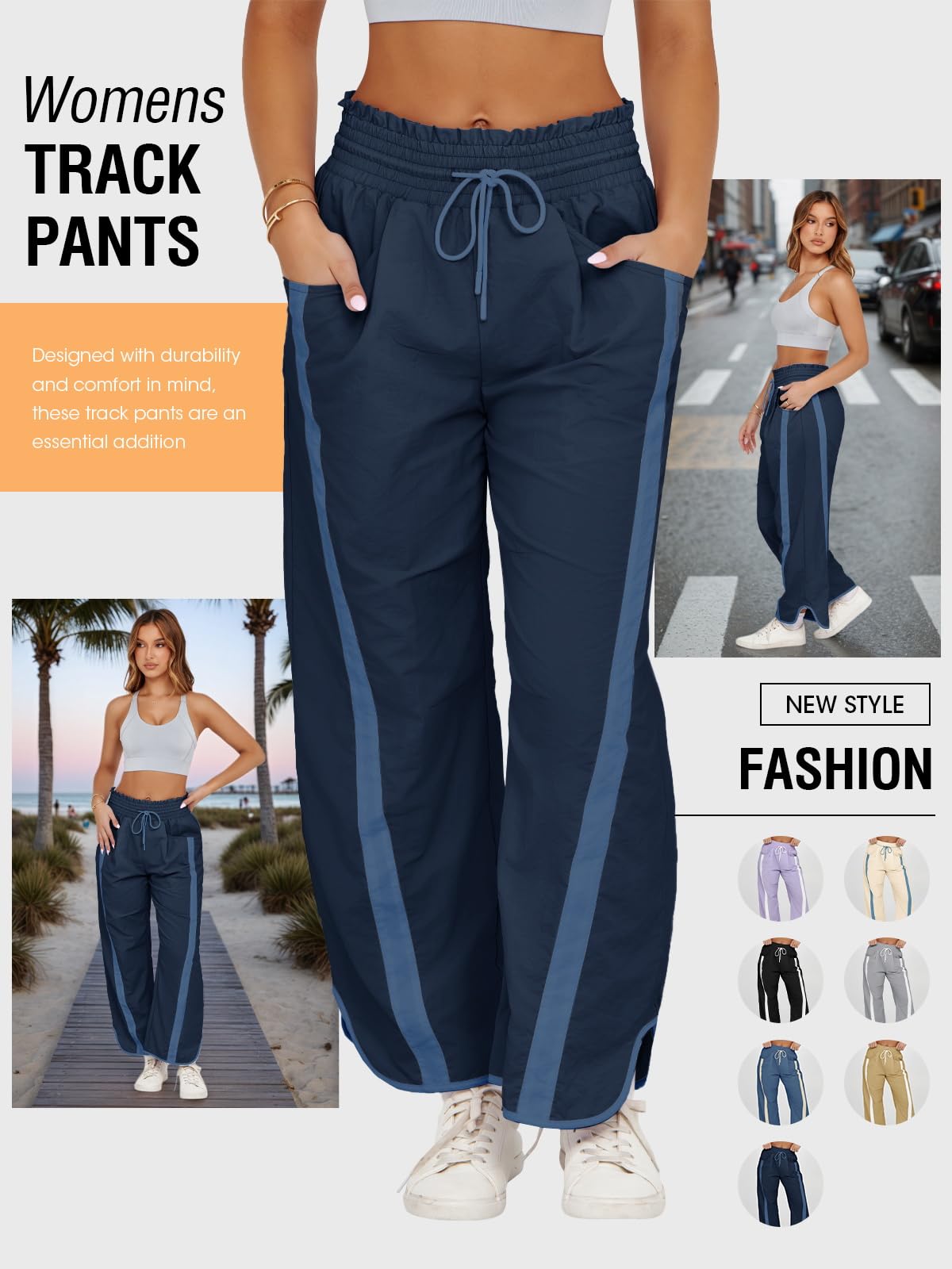 Fisoew Women's Baggy Wide Leg Pants Casual Drawstring Elastic Waisted Contrast Color Workout Y2K Track Pants Navy