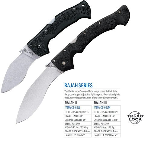 Cold Steel Rajah ll Japanese AUS10A 6" Blade 8" Griv-Ex Handle Tactical Folding Knife with Tri-Ad Lock, Ambidextrous Pocket/Belt Clip