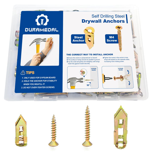 Self Drilling Drywall Anchors with Screws Kit - 100 Pcs 4 Sizes Heavy Duty Metal Expansion Anchors for Sheetrock, No Drill Needed, 50lb Rating, 2025 Upgraded Design
