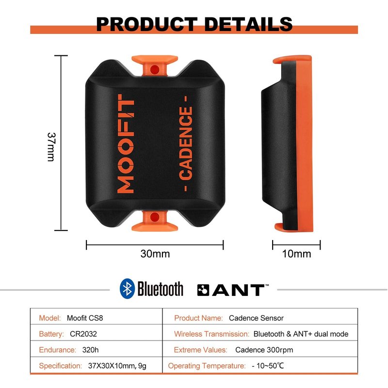 moofit Cadence Sensor Bluetooth/ANT+ IP67 Waterproof Wireless RPM Cycling Spin Bike Cadence Sensor for Wahoo/OpenRider/Endomondo/TacX/TrainerRoad (MooFit app Unavailable)