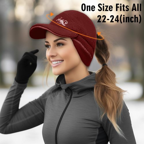 EZPACE Fleece Ponytail Hat for Women with 3M Thinsulate Ear Warmer Running Gear Winter Cold Weather（Burgundy
