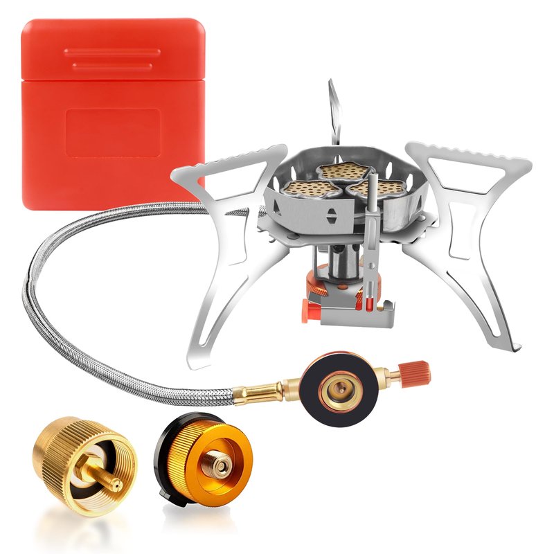RIDEIWAKE 6800W Camping Stove with Fuel Canister Adapter, Portable Backpacking Gas Stove with Piezo Ignition, 1LB Propane Tank, Butane Adapter for Outdoor Cooking, Picnic, Camping and Hiking