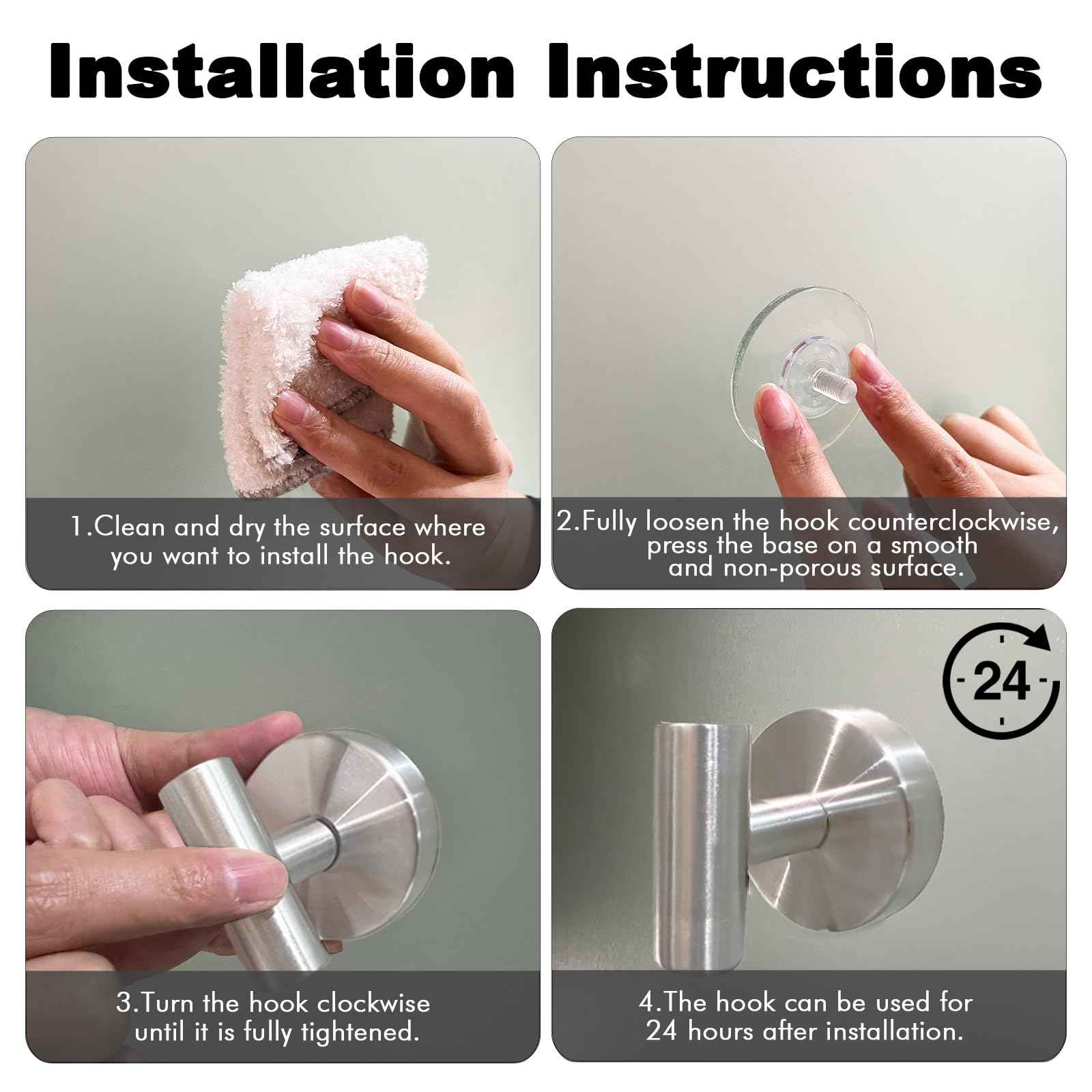 6 PCS Suction Cup Shower Towel Hooks, Wall Mount Robe Holder, Heavy Duty No Drill Wall SUS304 Waterproof Stainless Steel Hooks for Bedroom, Bathroom, Kitchen, Hotel and Office (Brushed Nickel)