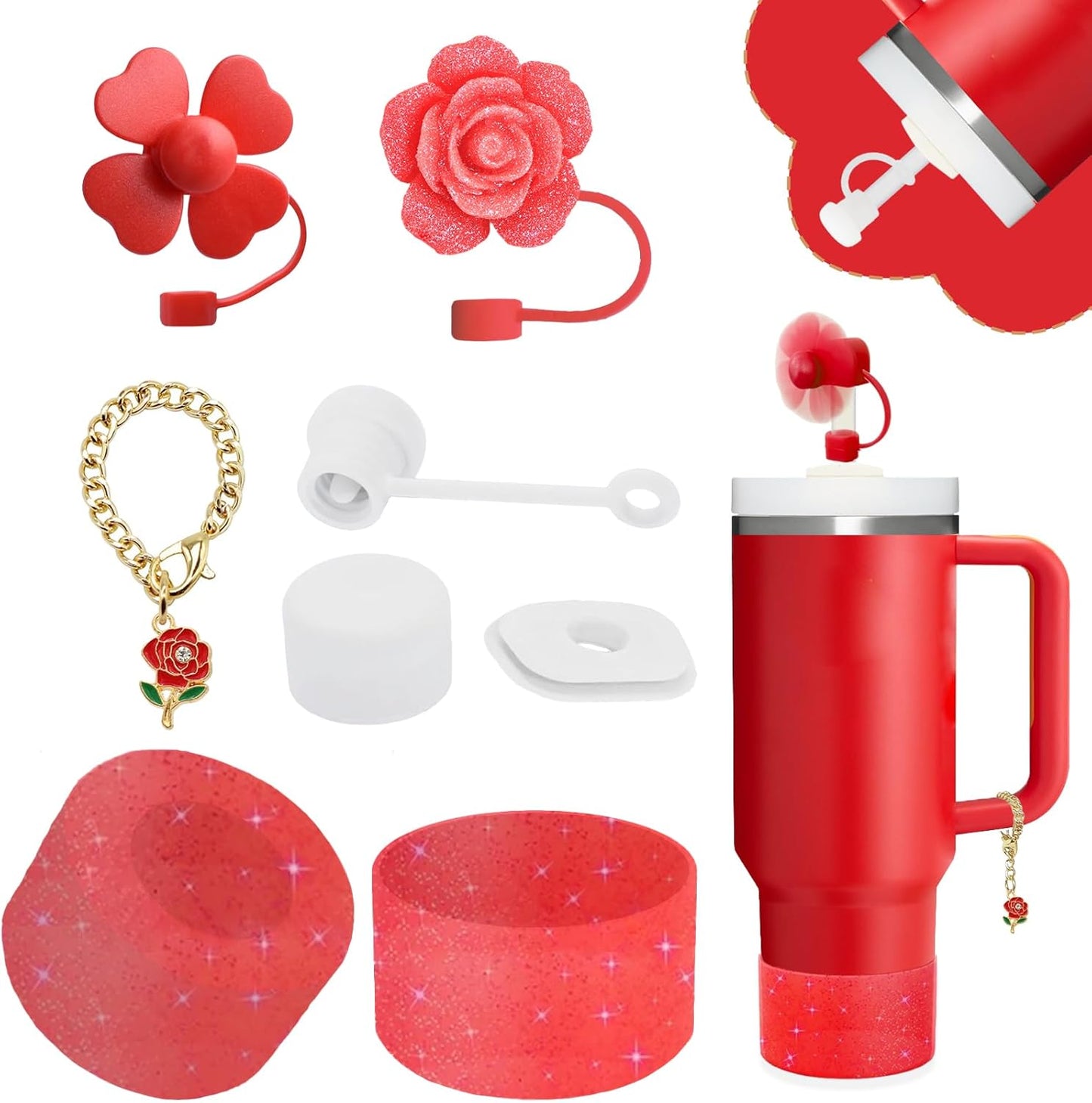 Stanley Cup Accessories Set - 2 Straw Covers, 1 Spill-Proof Stopper & 1 Cute Rose Handle Charm | Fits 40 & 30 Oz Tumblers (Chili)