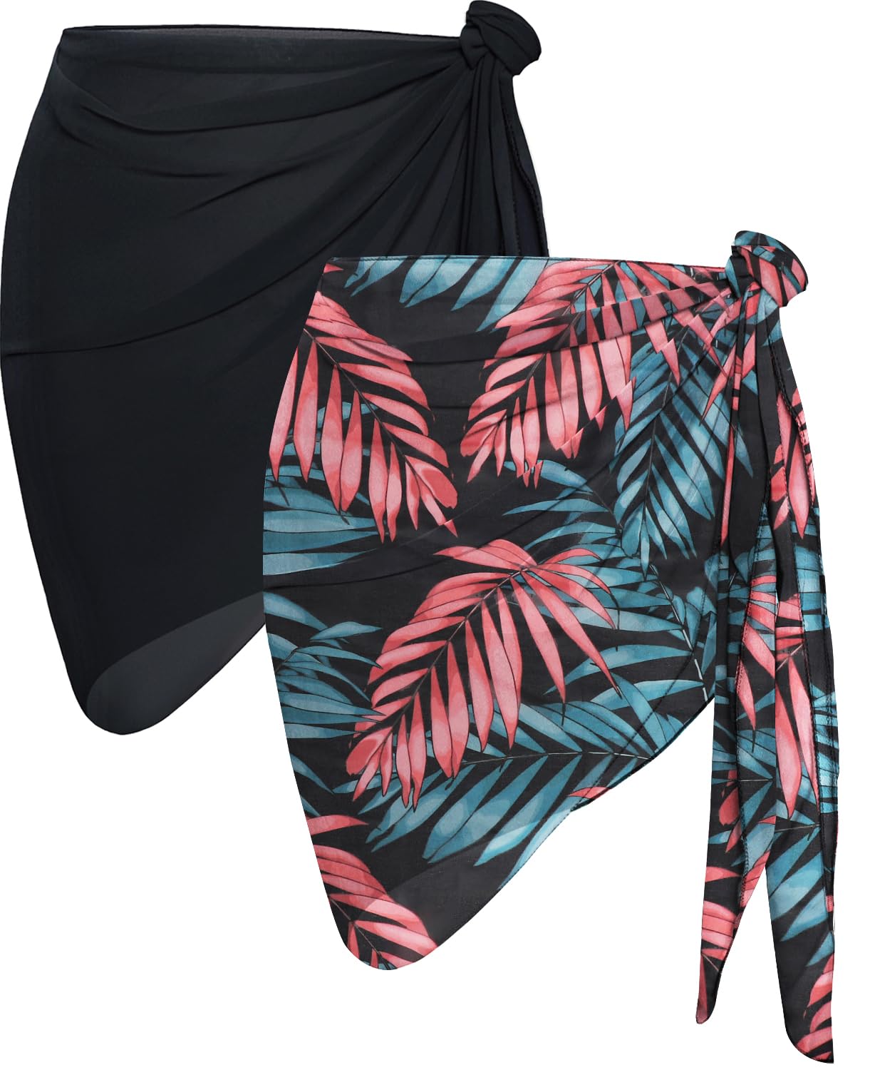 2 Pieces Sarong Cover Ups for Women Beach Bathing Suit Wrap Sheer Short Skirt Bikini Chiffon Scarf for Swimwear (Black and Pink Green)