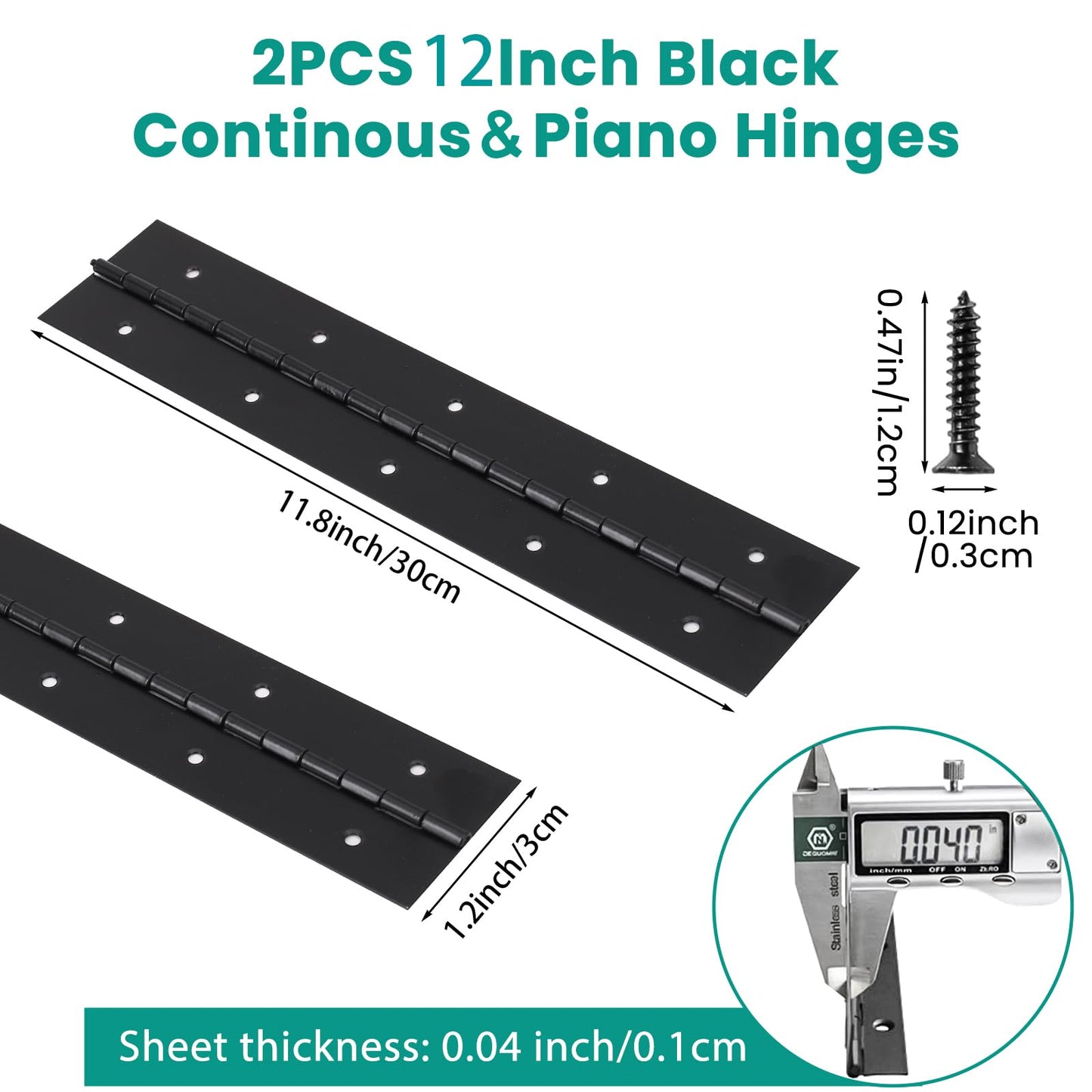 AurDo 2Pcs 12inch Black Heavy Duty Continuous&Piano Hinges,1.2" Open Width Stainless Steel Piano Hinge with Holes and Screws,Working for Wood Box,Wood Furniture,Piano Cabinets.
