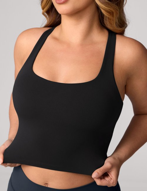 UNISSU Hugcurve Adjustable Racerback Longline Sports Bras Square Neck Padded Yoga Workout Crop Tank Tops for Women Black Medium