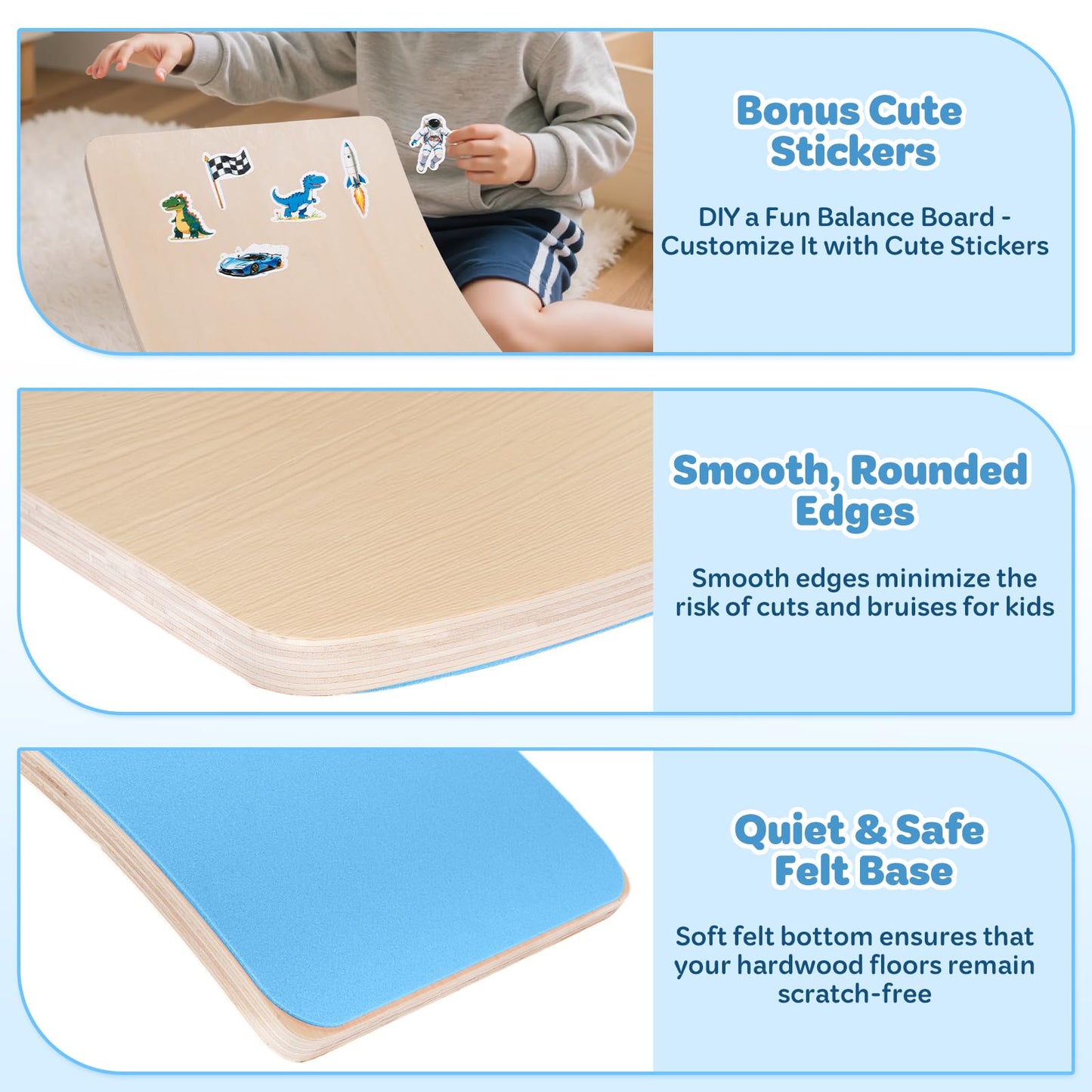 Balance Board, 35 Inch Natural Wooden Wobble Balancing Board, Rocker Board with Non Slip Felt Curvy Board Wood with Stickers