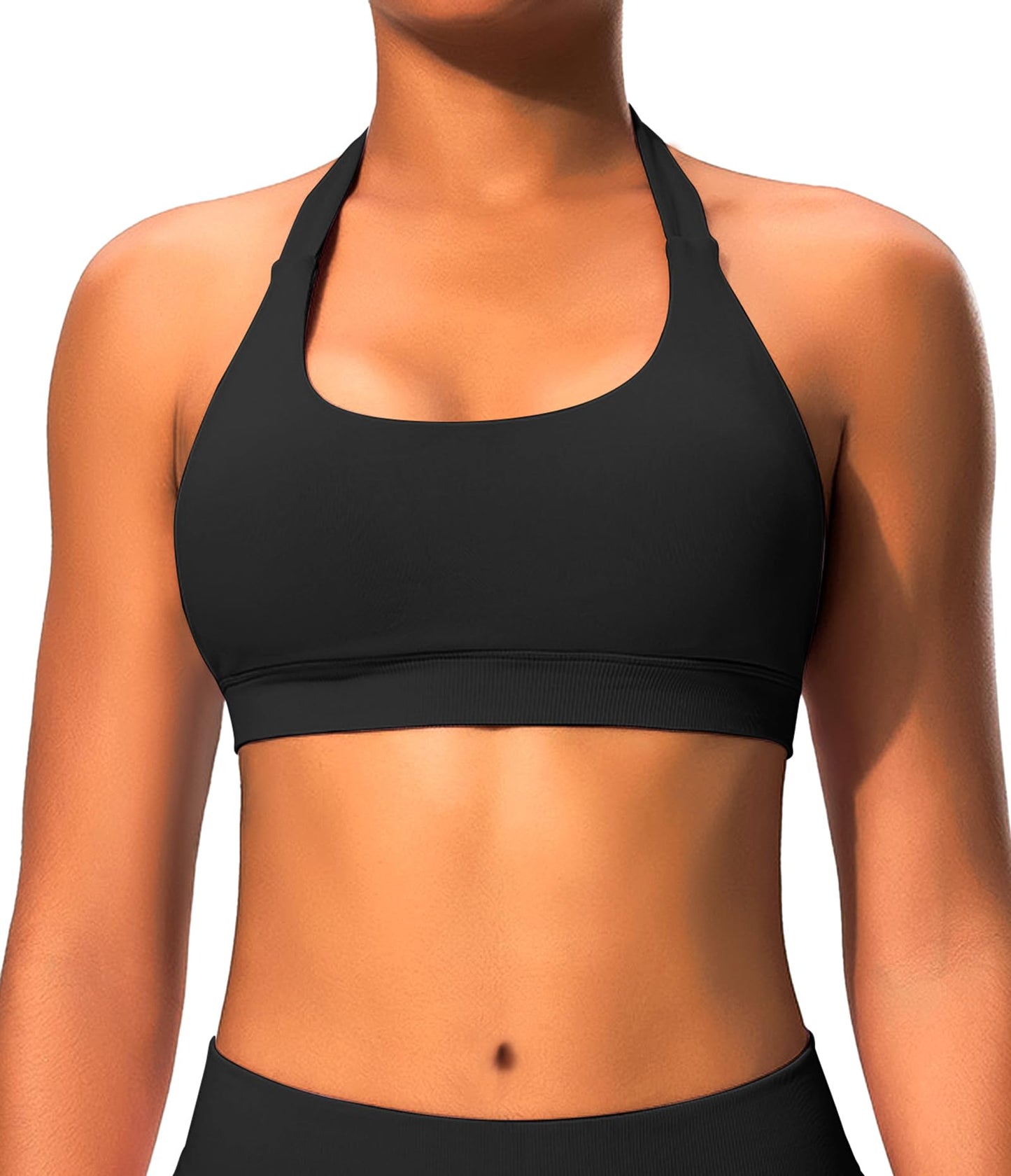 Comper Halter Sports Bras for Women Backless Workout Bra Seamless Open Back Strappy Yoga Bra Crop Top with Removable Cups(Black+L)
