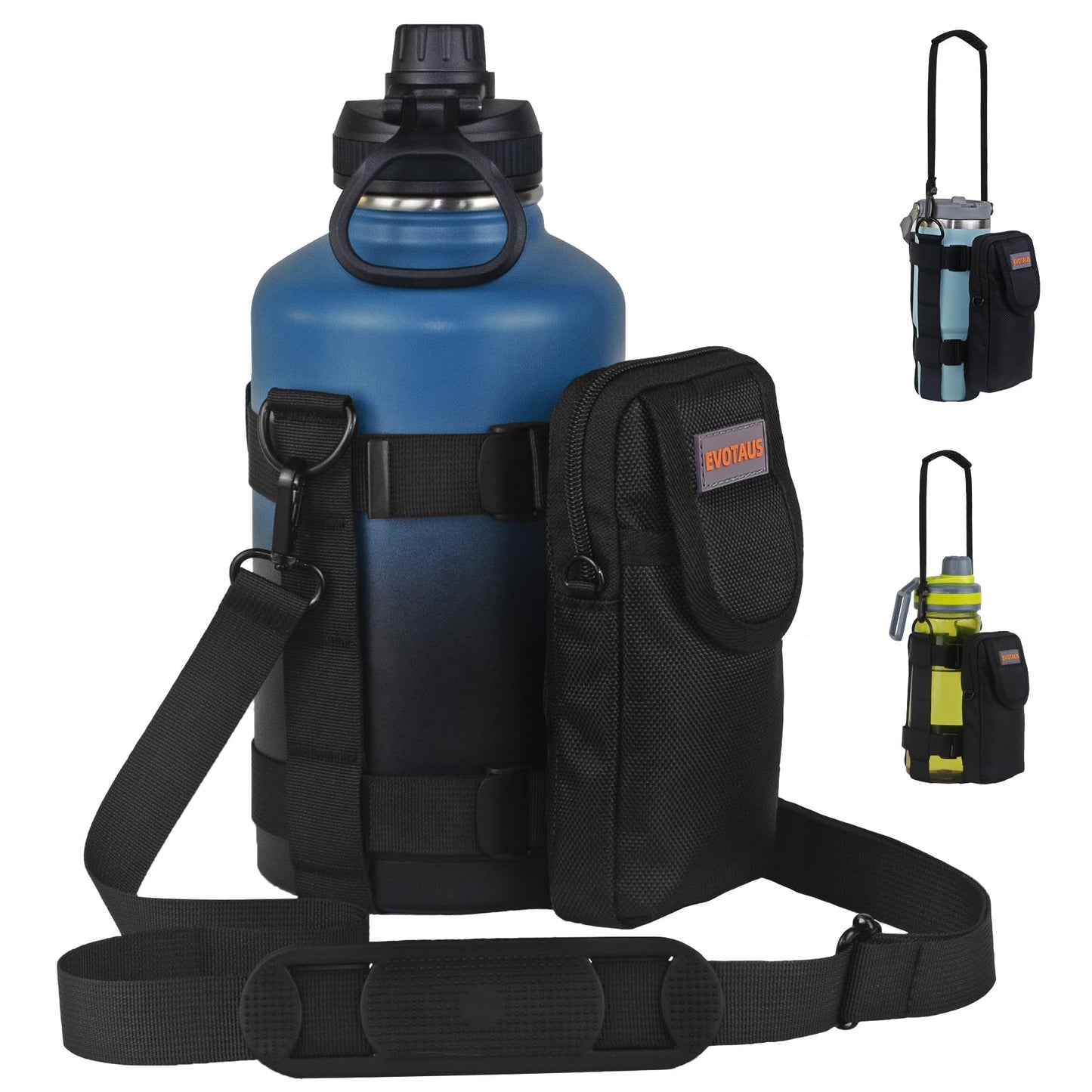 EVOTAUS Detachable Water Bottle Holder with Strap & Tactical Pouch, MOLLE Bottle Carrier Sling, Manual Strap Adjustment for Perfect Fit of Most 18-64 oz Bottles, Black