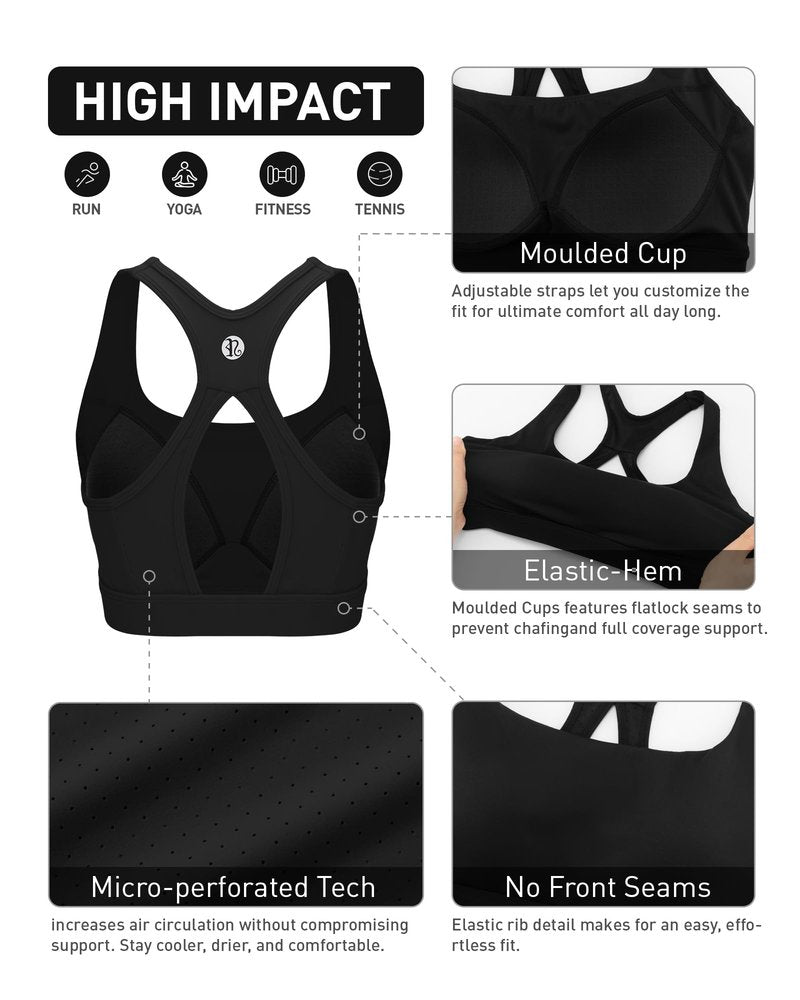 RUNNING GIRL Sports Bras for Women High Support, Adjustable Straps High Impact Sports Bras with Sewn in Pads Workout Bra_WX3151_Black_L