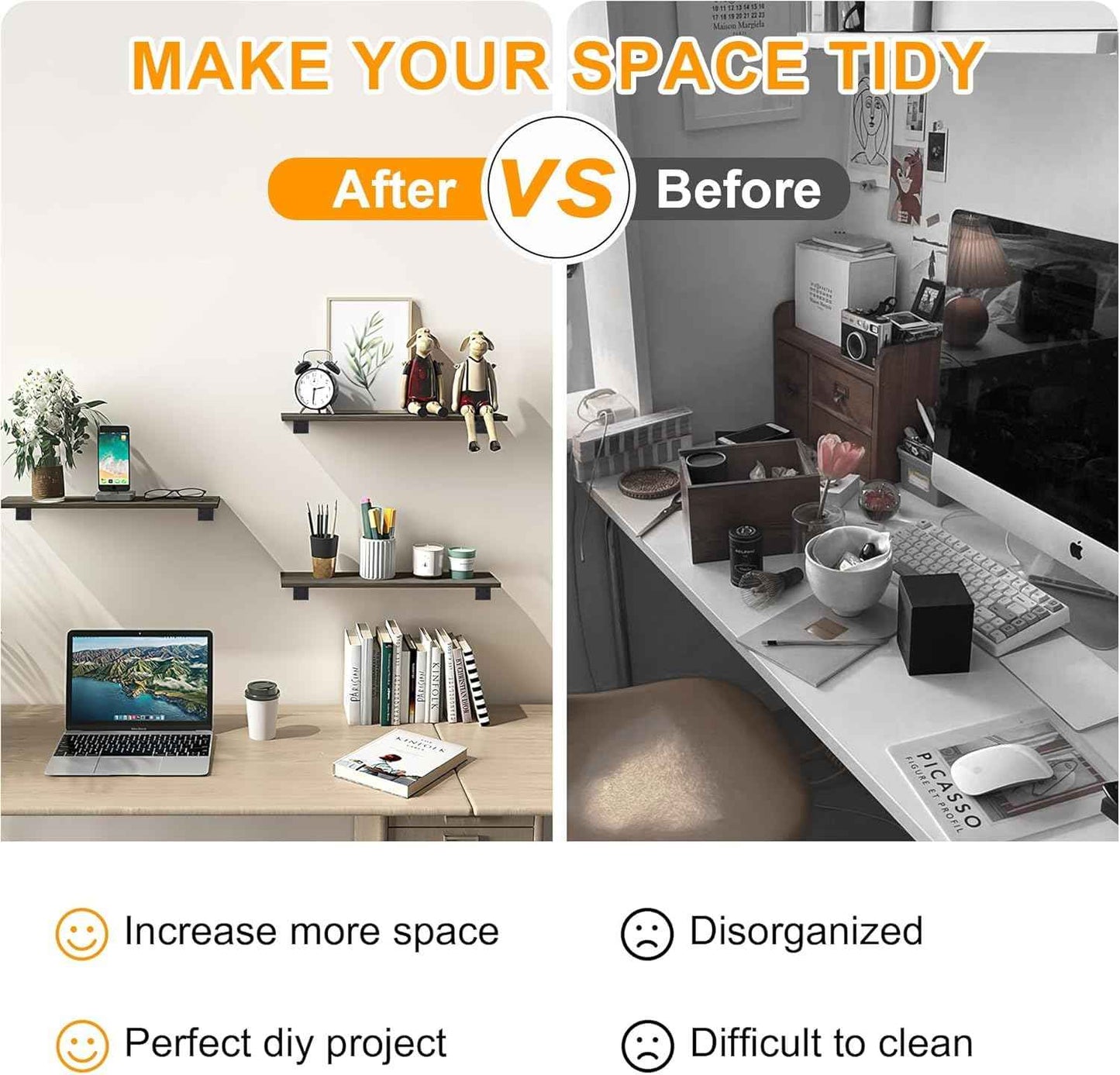 Floating Shelf Brackets 6 inch, Heavy Duty Wall Shelf Brackets 6 Pack for Shelves Support, Hidden Metal L Brackets with Mounting Hardware (1/5'' Thick)