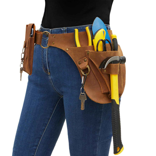VGJ Leather Garden Tool Belt- Small Tool Belt-Tool Belts For Men,Gardener Gifts-Womens Tool Belt Bag,Florist Tool Belt Holster,Gardening Tool Belt,Electrician Carpenter Organizer, Natural Brown