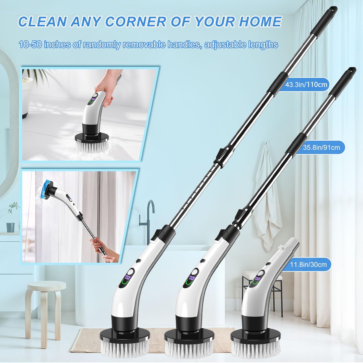 Electric Spin Scrubber with Power LCD Display, Cordless Bathroom Cleaning Brush with Adjustable Extension Handle, 400RPM/Mins, 9 Replaceable Brush Heads, IPX7 Waterproof for Shower, Bathtub, Tile