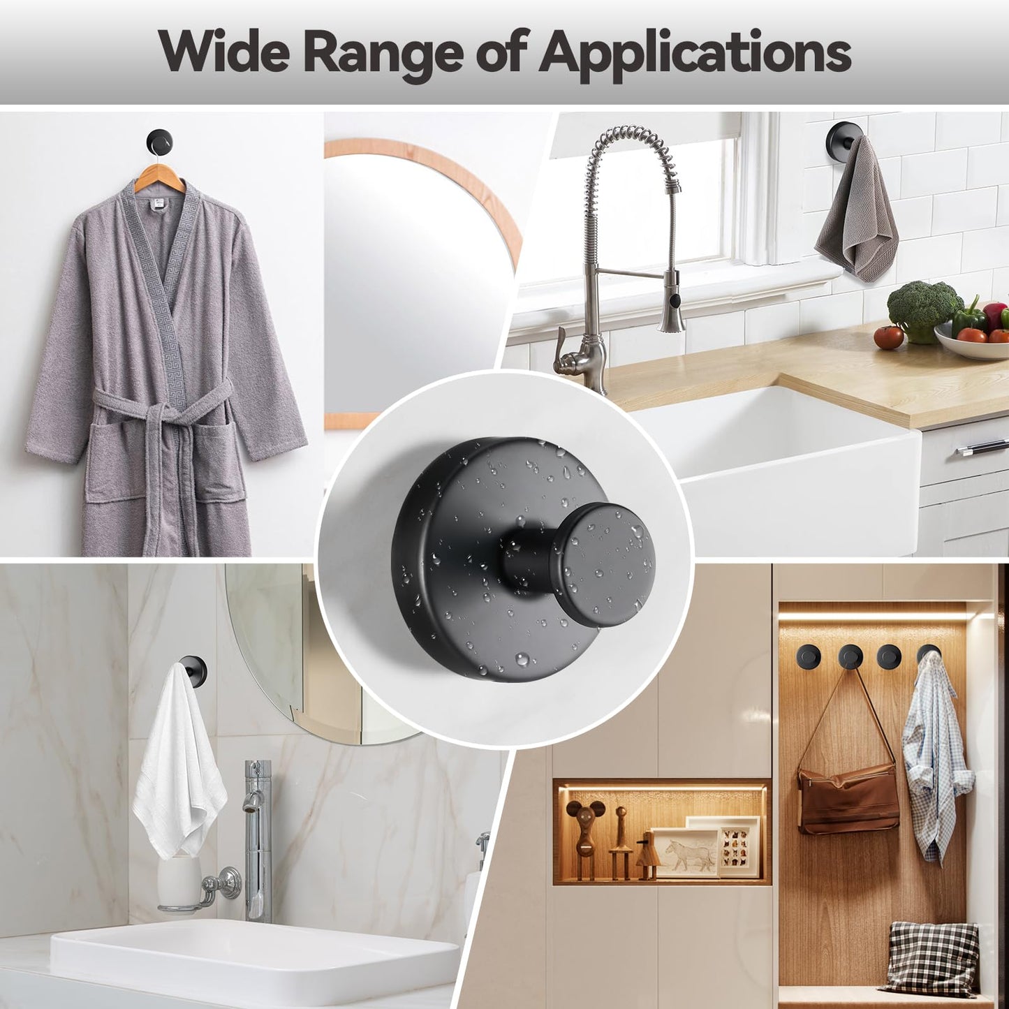 4 PCS Suction Cup Hooks for Shower, Stainless Steel No Drill Towel Hooks, Reusable Sticky Silicone Base for Bathroom Wall, Glass, Mirror, Tile to Hang Loofahs, Robes (Matt Black)