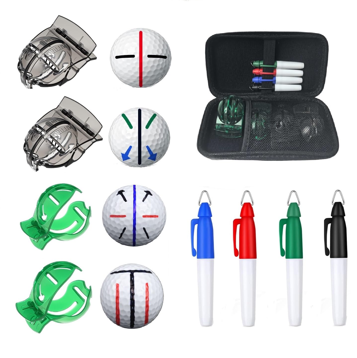 Alinfu Golf Ball Line Marker Tool, 4pcs 360° Golf Ball Marker Stencil with 4 Colors Golf Ball Markers, Golf Ball Alignment Drawing Marking Tool with a Organizer Case (Grey+Green)