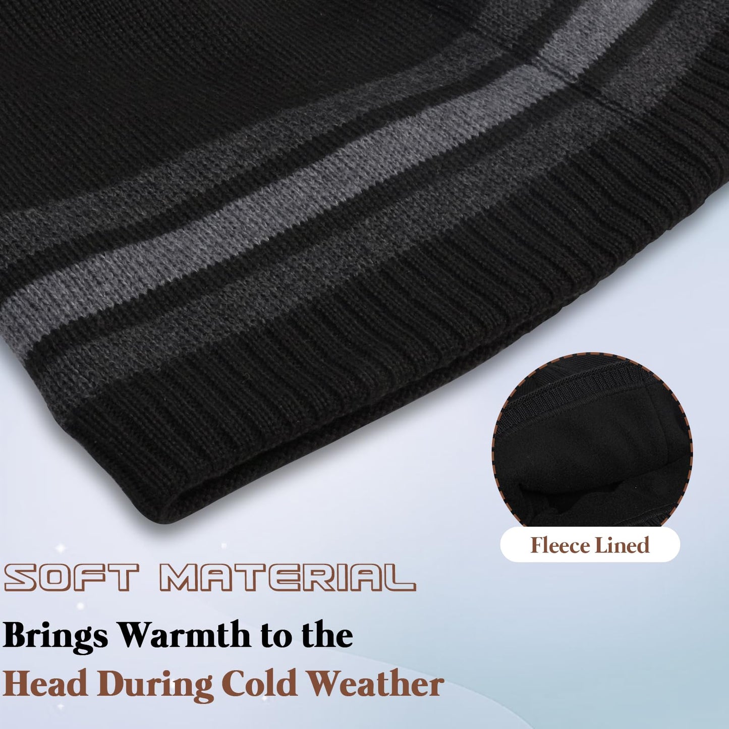 TUVATU Knitted Striped Beanie for Men Women, Fleece Lined Winter Hat, Warm Windproof Unisex Soft Ski Beanie Cap for Autumn Winter, Black