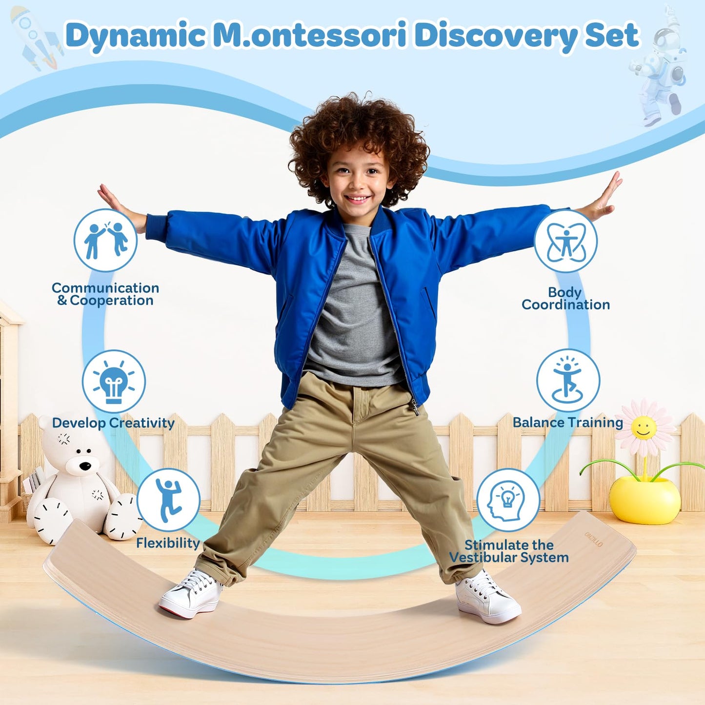 Balance Board, 35 Inch Natural Wooden Wobble Balancing Board, Rocker Board with Non Slip Felt Curvy Board Wood with Stickers