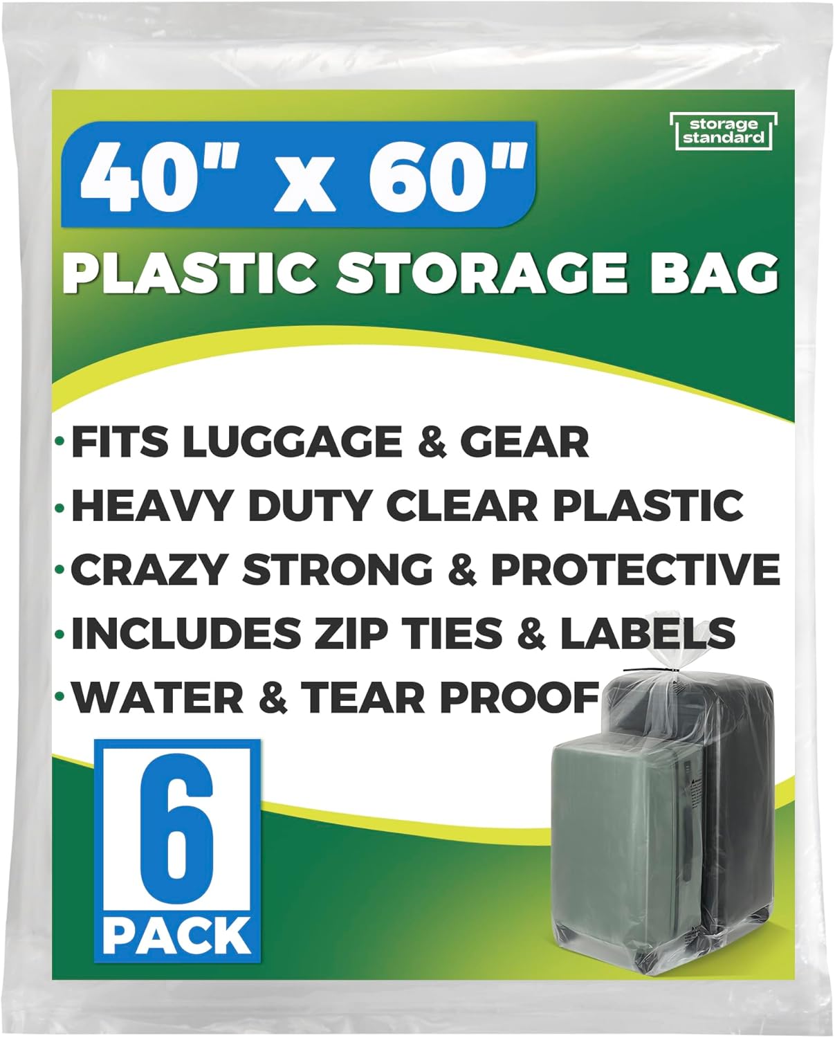 Storage Standard Large Clear Plastic Bags - Waterproof Heavy-Duty 6-Pack for Luggage & Travel Gear | 40 x 60 Inches