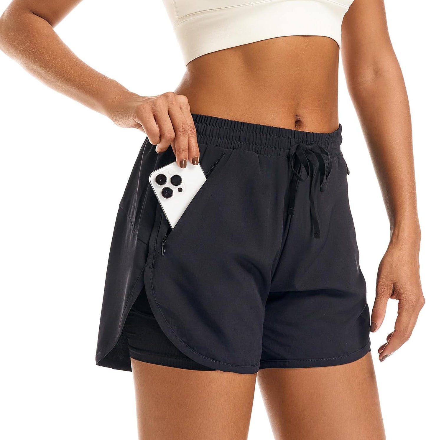 Skiennix Women's 2-in-1 High Waisted Athletic Running Shorts - Comfy Liner & Zipper Pockets