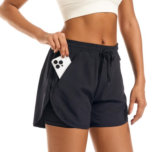 APWKL Women's 2 in 1 Athletic Running Shorts Quick Dry Workout Casual Gym Sweat Shorts Mesh Comfy Liner Zipper Pockets(Black,3XL)