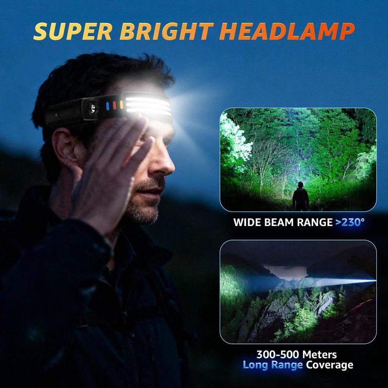 Sogdeco (3-Pack) Headlamp Rechargeable, 230° COB Wide Beam Head Lamp Headband, 5 Modes Headlight Led Head Band, Head Lights for Forehead, Waterproof Headlamps for Adults Running Hard Hat