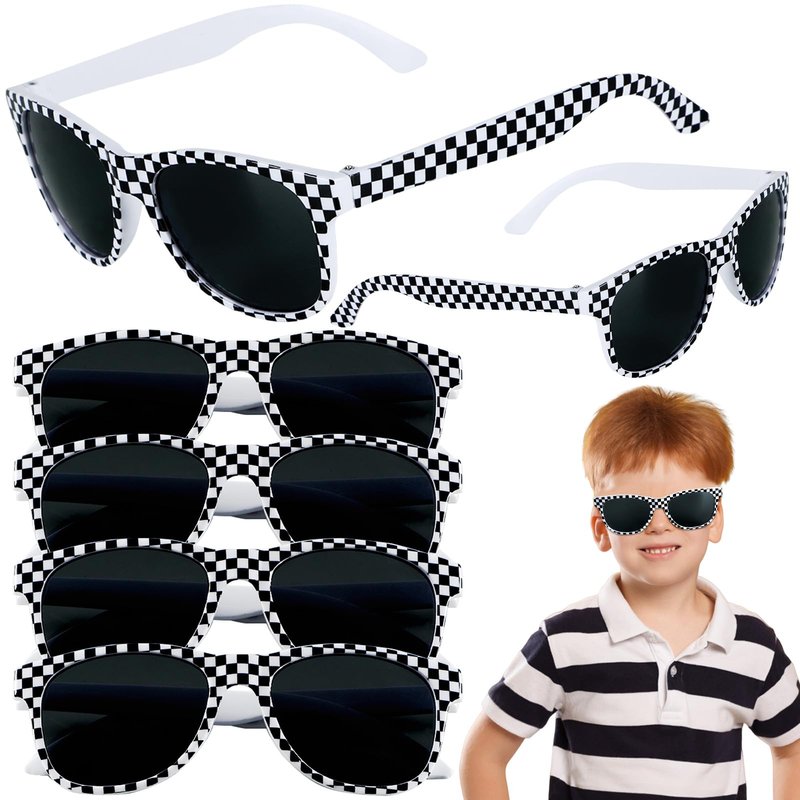 6 Pack Race Car Checkered Sunglasses White Black Frame Checker Sunglasses Bulk for Race car Party Favors Essentials & Gear Up With Hot Car Plastic Glasses for Racing Theme Birthday Supplies Gifts