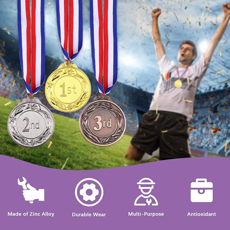 Swpeet 12PCS Metal Award Medals with Neck Ribbon, Olympic Style Winner Medals Gold Silver Brone Medals 1st 2nd 3rd Place Medals for Sports, Competitions, Party