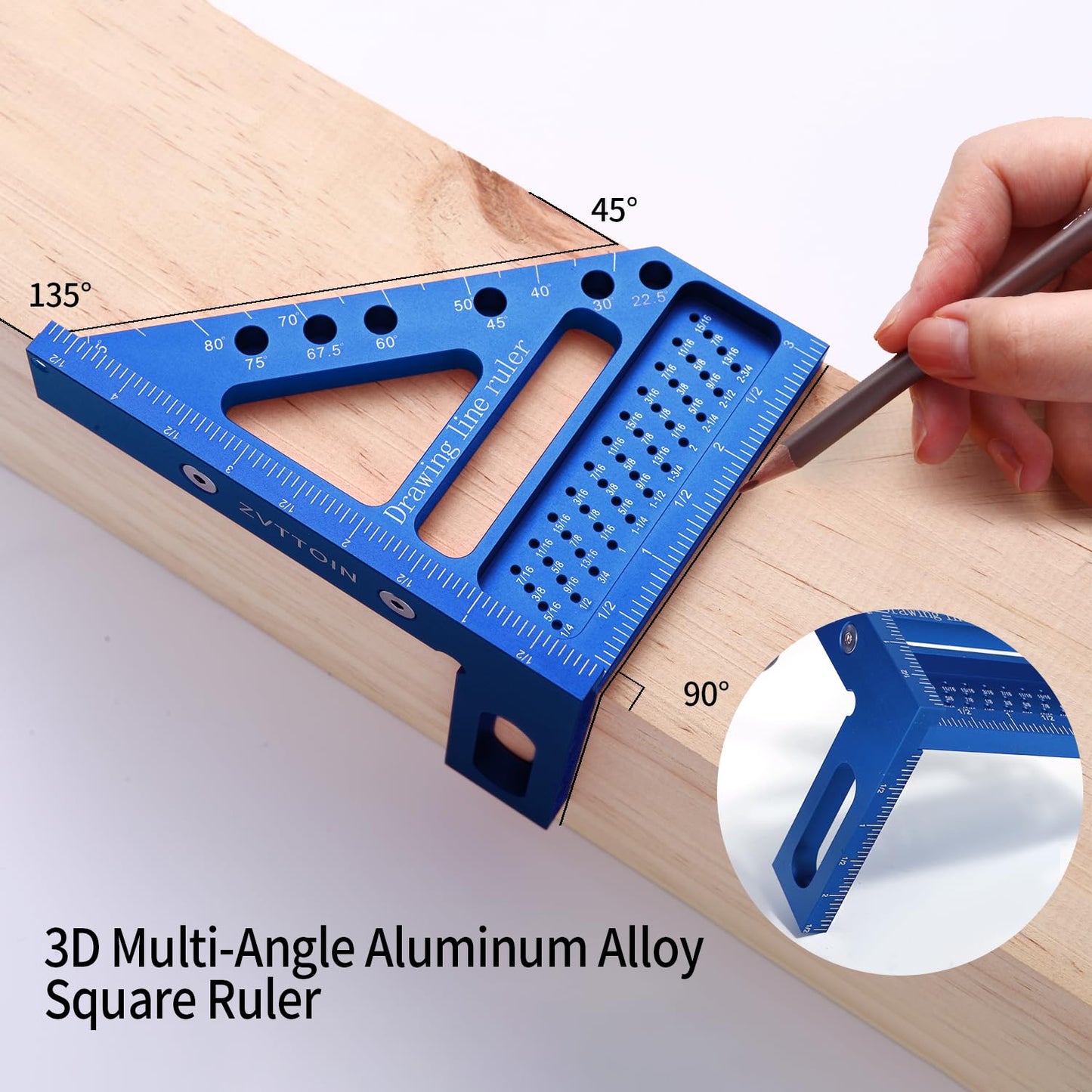 0-90 Degree 3D Multi-Angle Measuring Ruler for Woodworking and Construction, High Precision Aluminum Square Measuring Ruler Woodworking Tools (4.76 inch, Blue)