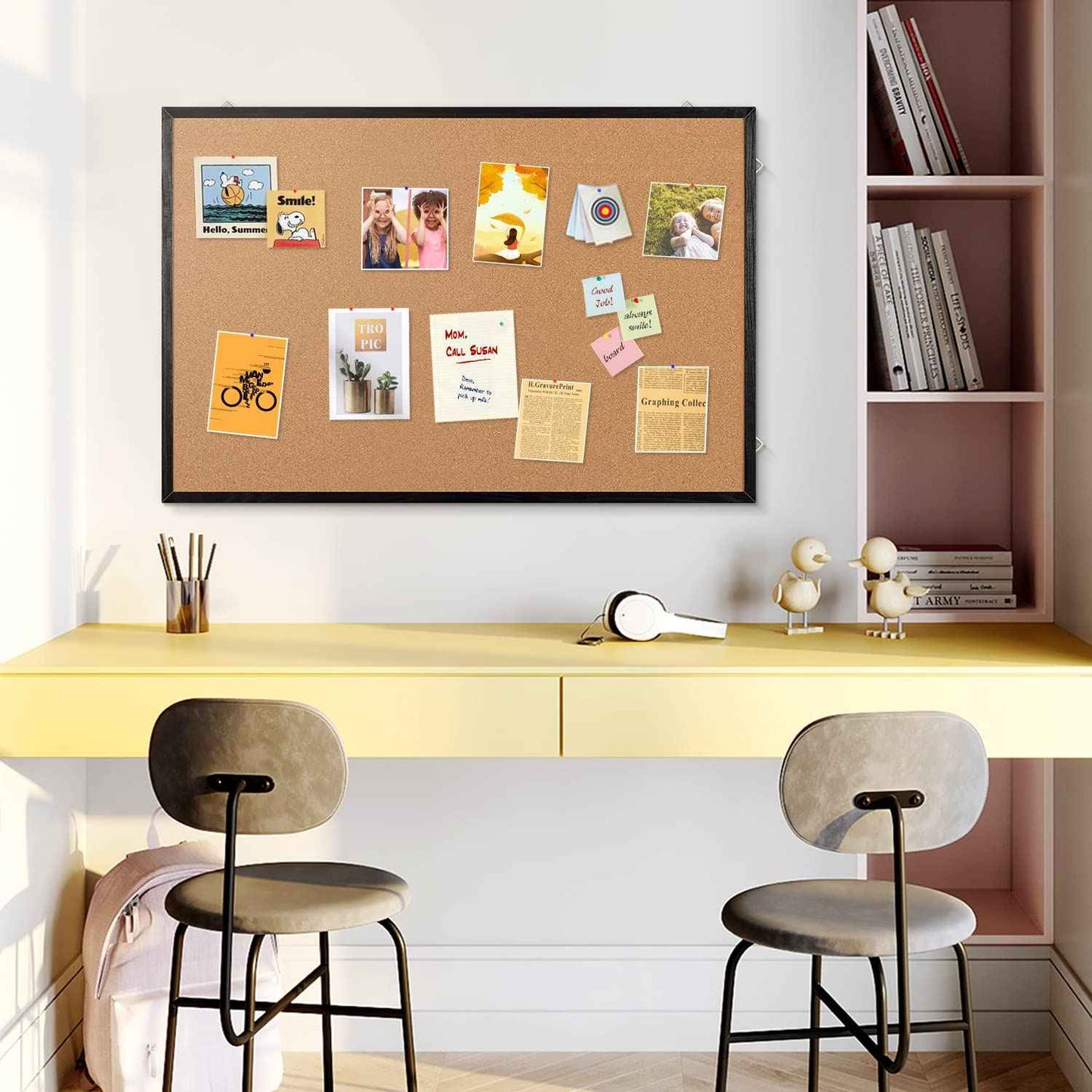 Cork Board Bulletin Board, 36" X 24“ Decorative Hanging Pin Board for Wall with Natural Wood Frame, 50 Push Pins Included