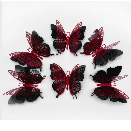 Rchovsam 3D Butterfly Wall Decor Summer Party Rose Butterfly Sticker Decoration 3.85x4.6 inche Red Black Double Deck Removable Sticker for Birthday Holiday Party Decoration-6pcs