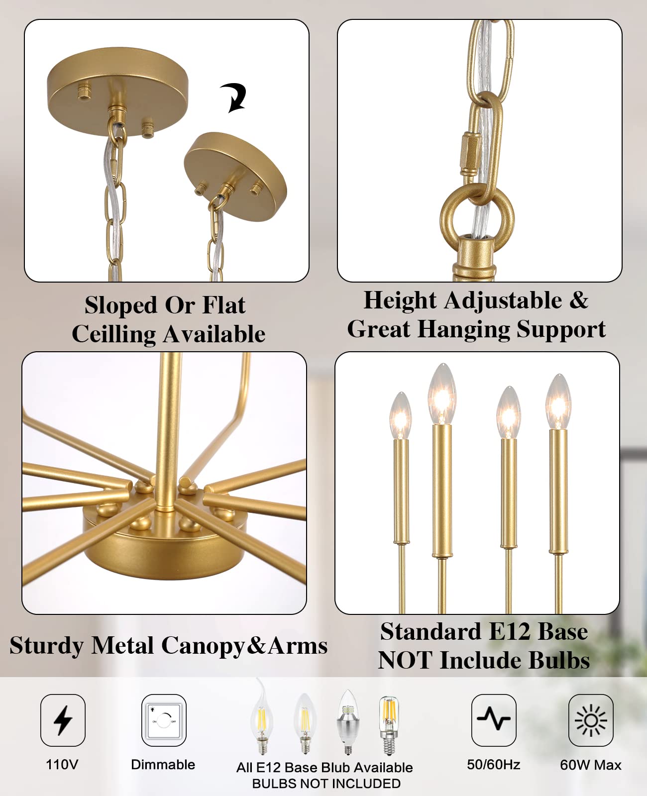 LASENCHOO Gold Chandelier Light Fixture, 8 Lights Modern Farmhouse Chandelier for Dining Room Light Fixture, Candle Pendant Light Fixtures Ceiling Hanging for Kitchen Living Room Bedrooms Entryway